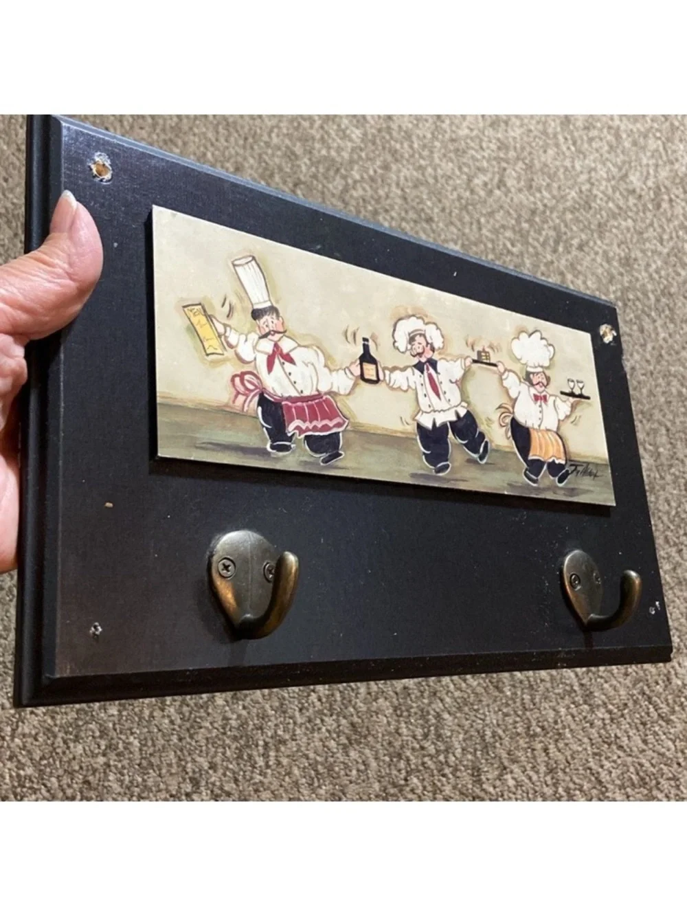 Joy Aldridge Black Chef Trio Wall Hook Plaque - Decorative Kitchen Hook Rack